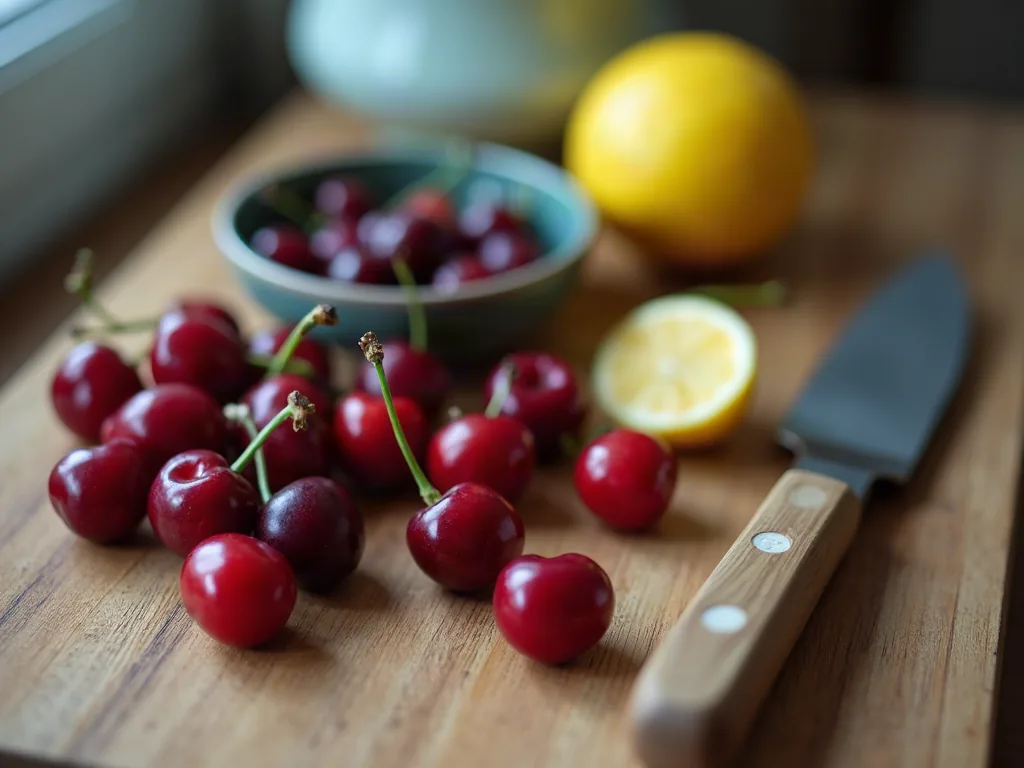 Aliments en C : la liste complète pour cuisiner malin Cerises, citron coupé et cassis disposés sur une table en bois