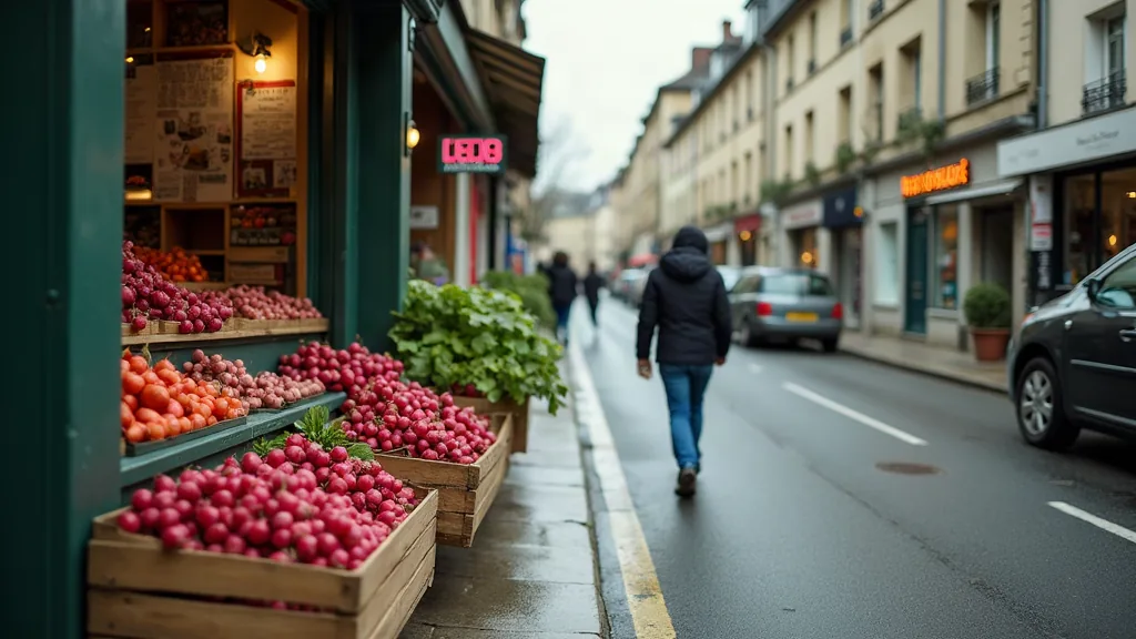 Aliments en R : la liste complète pour bien cuisiner Étal de légumes et fruits en R devant une épicerie de quartier