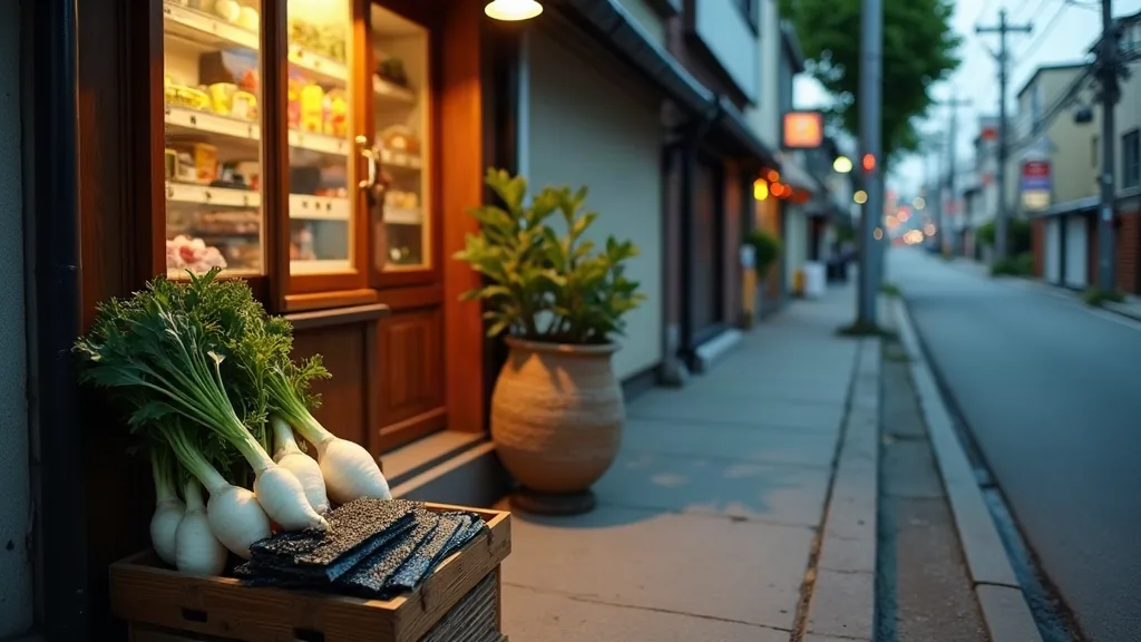 Aliments en W : la liste complète pour cuisiner et jouer Épicerie de quartier au crépuscule avec racines de wasabi et algues séchées exposées