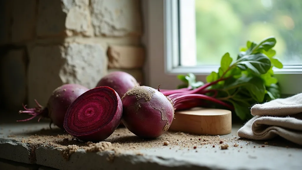Combien de temps cuire une betterave rouge à la cocotte-minute ? Betteraves rouges crues non épluchées sur un rebord en pierre avant cuisson