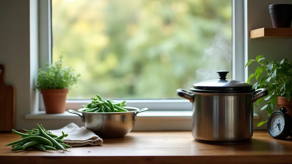 Cuisson des haricots verts à la cocotte minute : le temps exact et la méthode sans rater Cocotte minute et panier vapeur avec haricots verts frais sur un plan de cuisine près d'une fenêtre