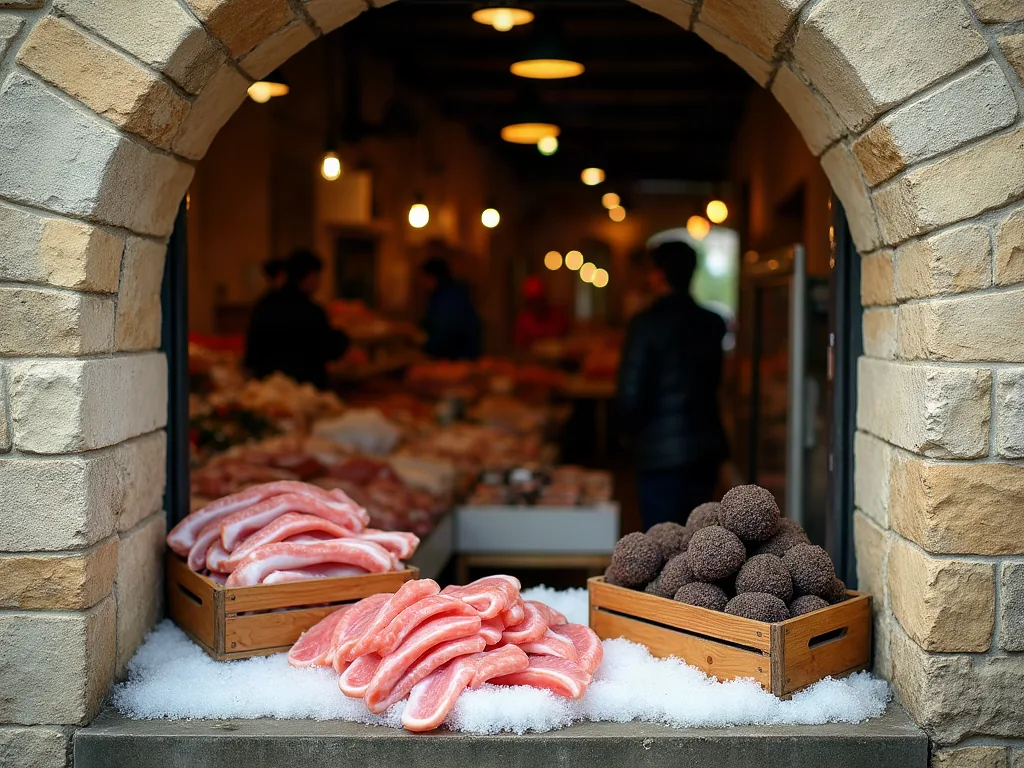 Aliments en T : la liste complète pour cuisiner sans se tromper Étal de marché avec filets de thon frais et truffes noires sous une arche de pierre ancienne