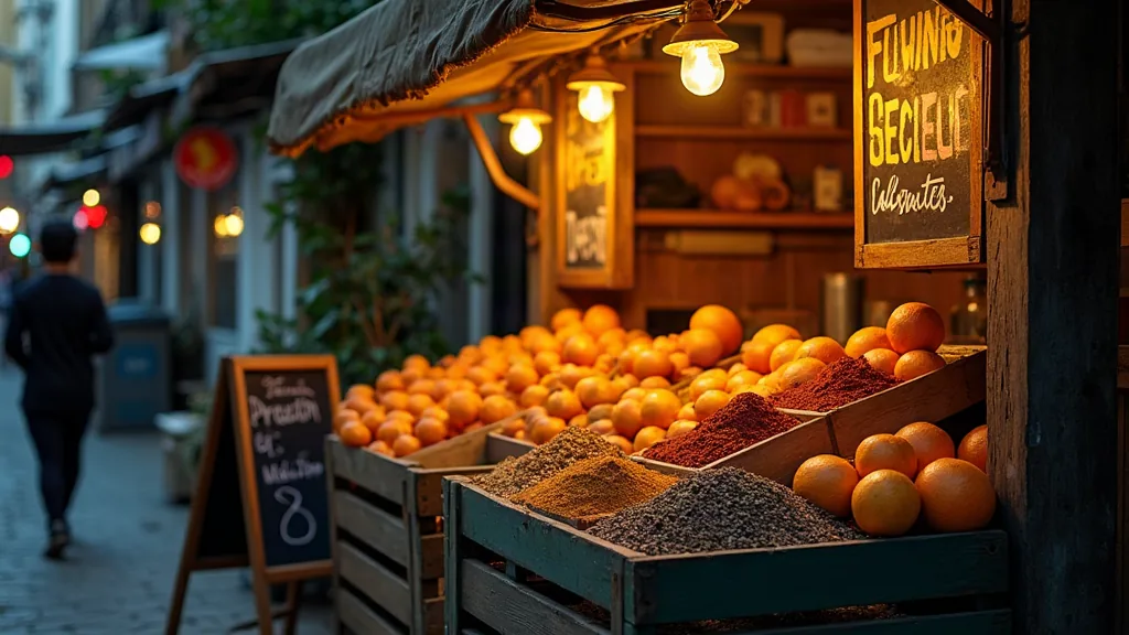 Aliments en X : la liste complète (et ce qu'on en fait vraiment) Étal de quartier au crépuscule avec épices et fruits exotiques