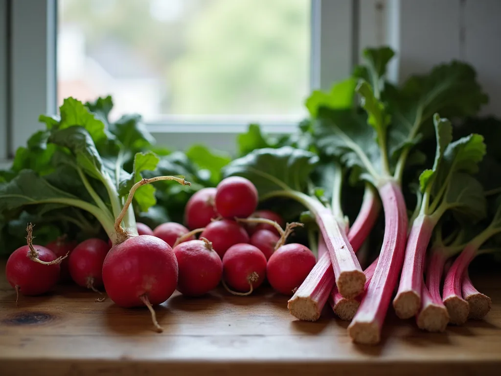 Aliments en R : la liste complète pour bien cuisiner Radis, rutabaga et rhubarbe sur un plan de travail en bois