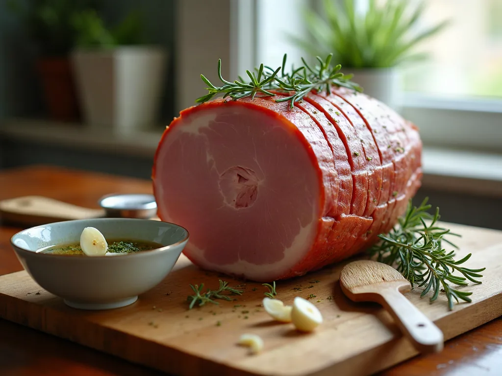 Jambon frais préparé avec sa marinade aux herbes avant cuisson à la broche