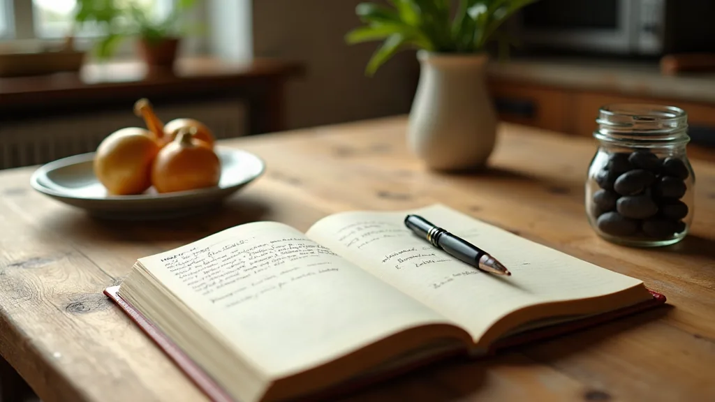 Cahier de recette et ingrédients pour pissaladière grand-mère sur une table en bois