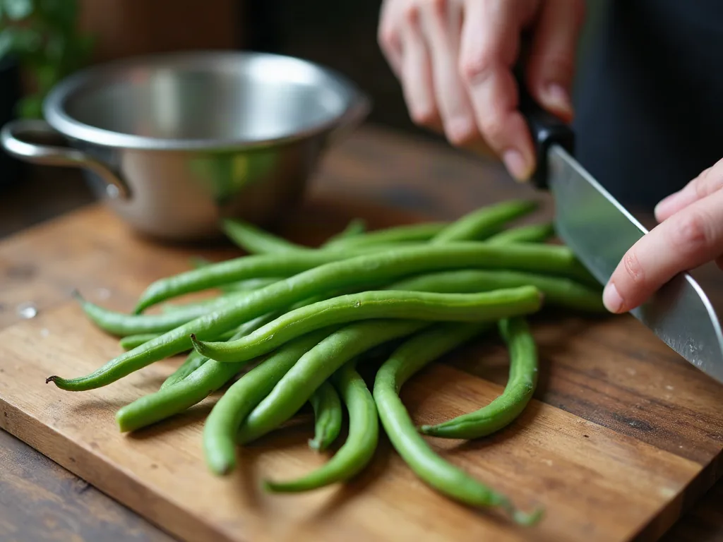 Cuisson des haricots verts à la cocotte minute : le temps exact et la méthode sans rater Préparation des haricots verts frais équeutés sur une planche en bois avant cuisson