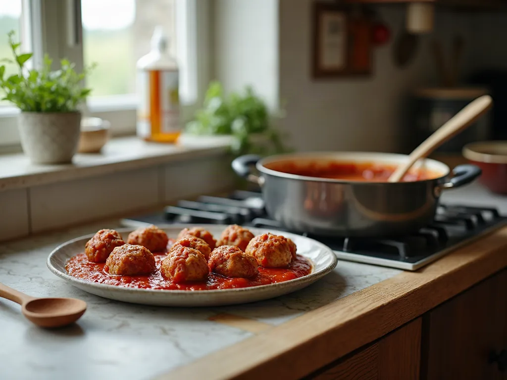 Que manger avec des boulettes de viande ? Les accords qui fonctionnent vraiment Sauce tomate maison qui mijote près de boulettes de viande dorées