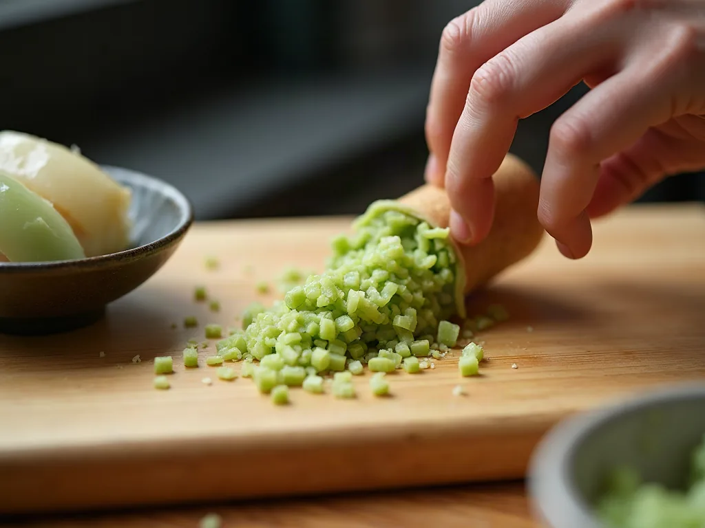 Aliments en W : la liste complète pour cuisiner et jouer Racine de wasabi fraîche râpée sur planche en bois près de sushis