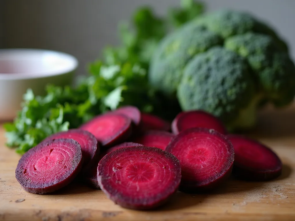 Aliments en B : la liste complète pour cuisiner malin Betterave coupée et brocoli disposés sur une table en bois