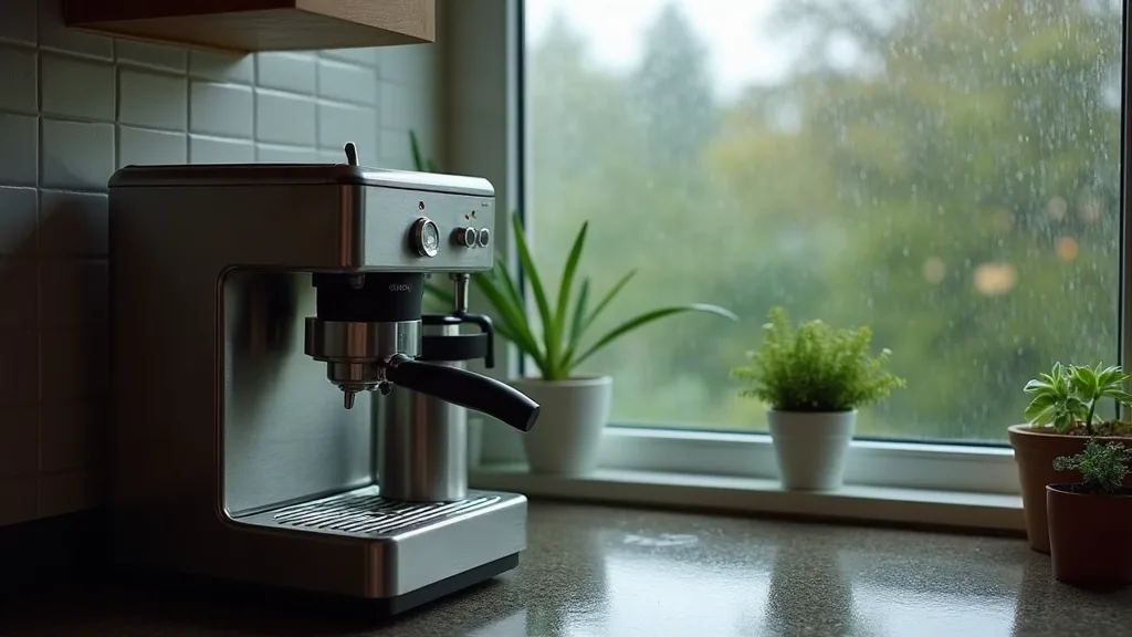 Krups EA81 qui déraille ? Les pannes classiques et leurs solutions Machine à café automatique Krups posée sur un plan de travail près d'une fenêtre après la pluie