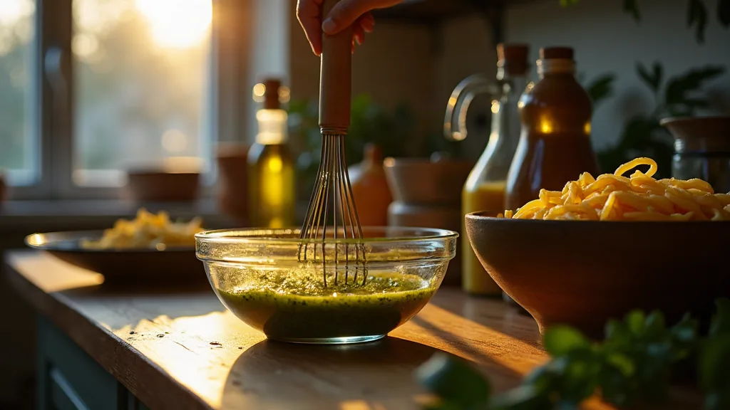 La meilleure vinaigrette pour salade de pâtes (et pourquoi la vôtre est fade) Préparation d'une vinaigrette pour salade de pâtes sur un plan de cuisine au crépuscule